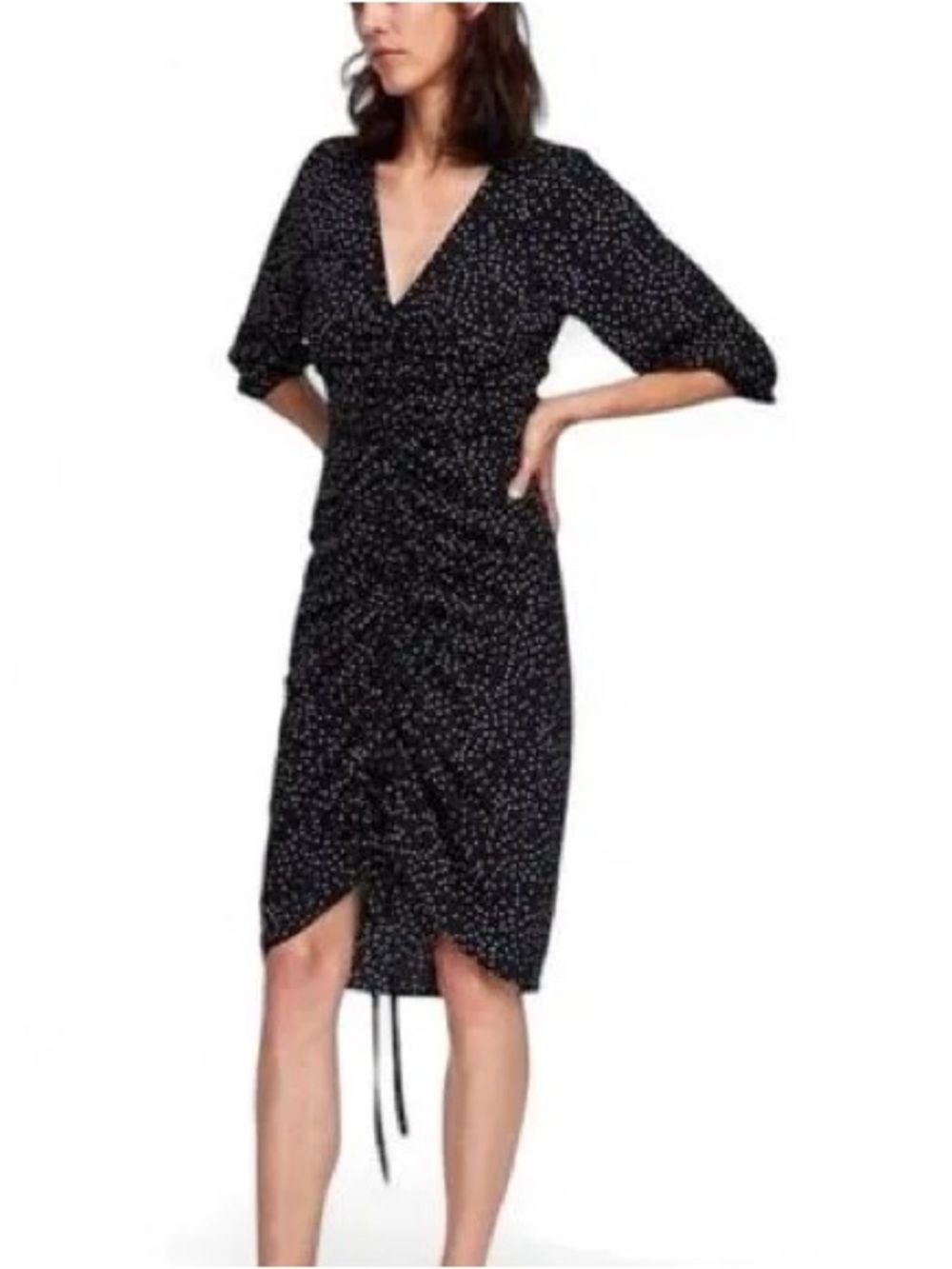 Zara Polka Dot vintage Ruched Tie 3/4 Sleeve Vintage bodycon Dress Black/White L